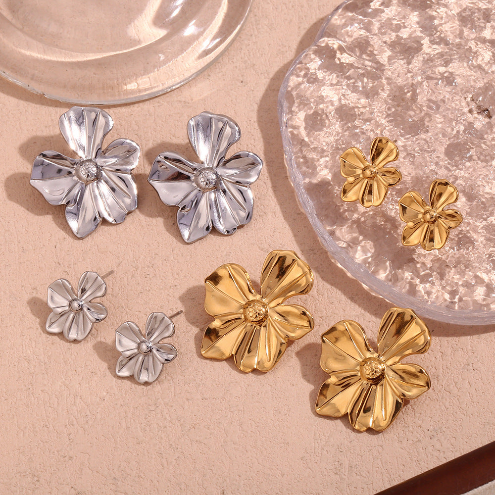 Vintage Floral Stainless Steel Earrings with 18K Gold Plating for Women