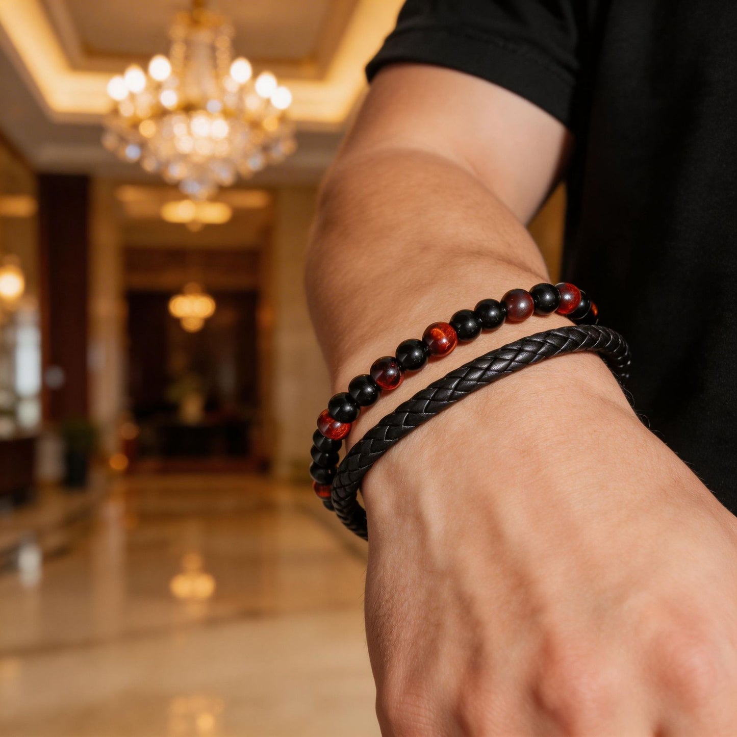 Hip-hop Geometric Round Tiger Eye Volcanic Stone Leather Bracelet with Magnetic Clasp for Unisex