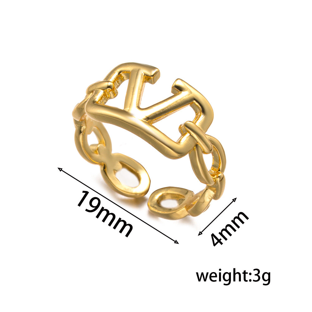 Minimalist Geometric Open Ring in Copper with 18K Gold Plating Featuring Letter Design for Women