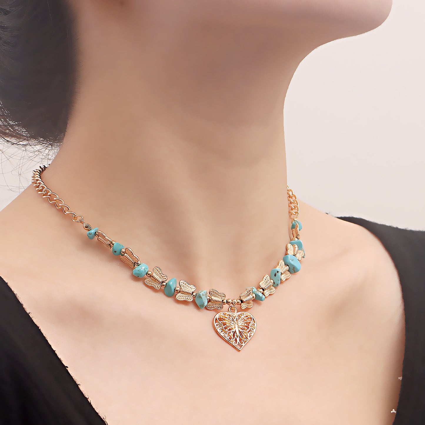 Vintage Butterfly Pendant Necklace for Women with Alloy Construction Plated Finish Geometric Design Collar Chain