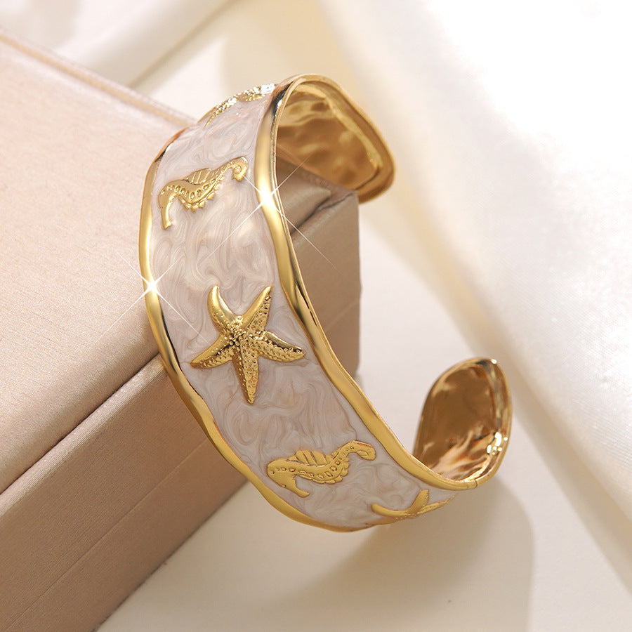 Elegant Drip Oil Stainless Steel Animal Cuff Bracelet with Starfish and Seahorse Design