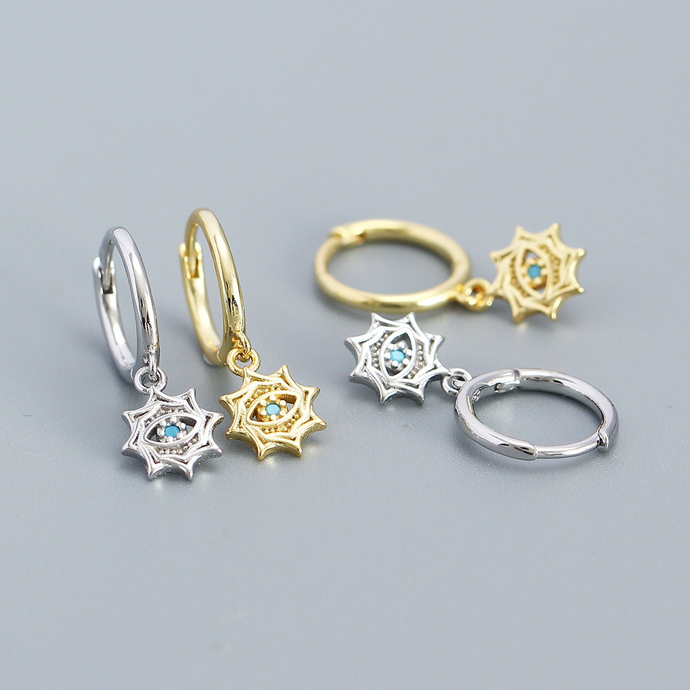 Orecchini a cerchio minimalisti unisex in argento sterling 925 con design geometrico a stella, occhio turco e zirconi cubici placcati