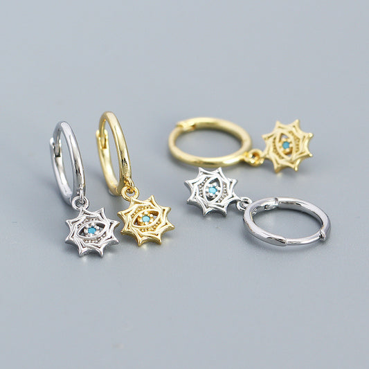 Orecchini a cerchio minimalisti unisex in argento sterling 925 con design geometrico a stella, occhio turco e zirconi cubici placcati
