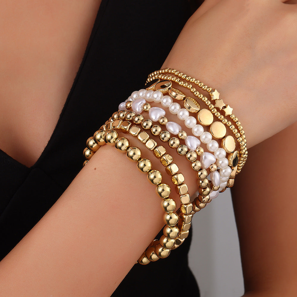 Bohemian Women's Multi-Layer Geometric Round Brass Bead Imitation Pearl Bracelet Set