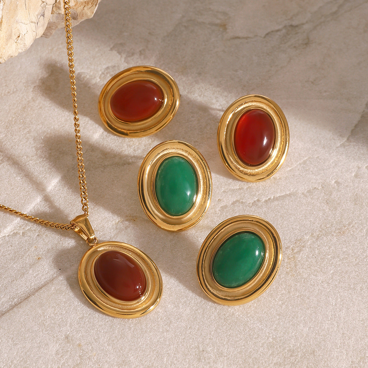 Collana Pendente Geometrica in Acciaio Inossidabile con Intarsio in Agata Rossa da Donna, Gioielli Minimalisti di Moda Elettroplaccati