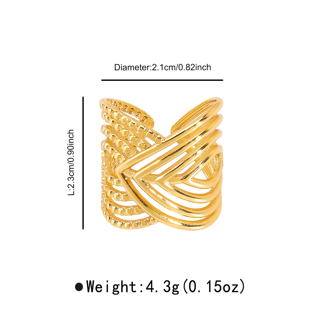 Anillo ancho multicapa geométrico irregular de inspiración vintage de acero inoxidable con acabado chapado para mujer