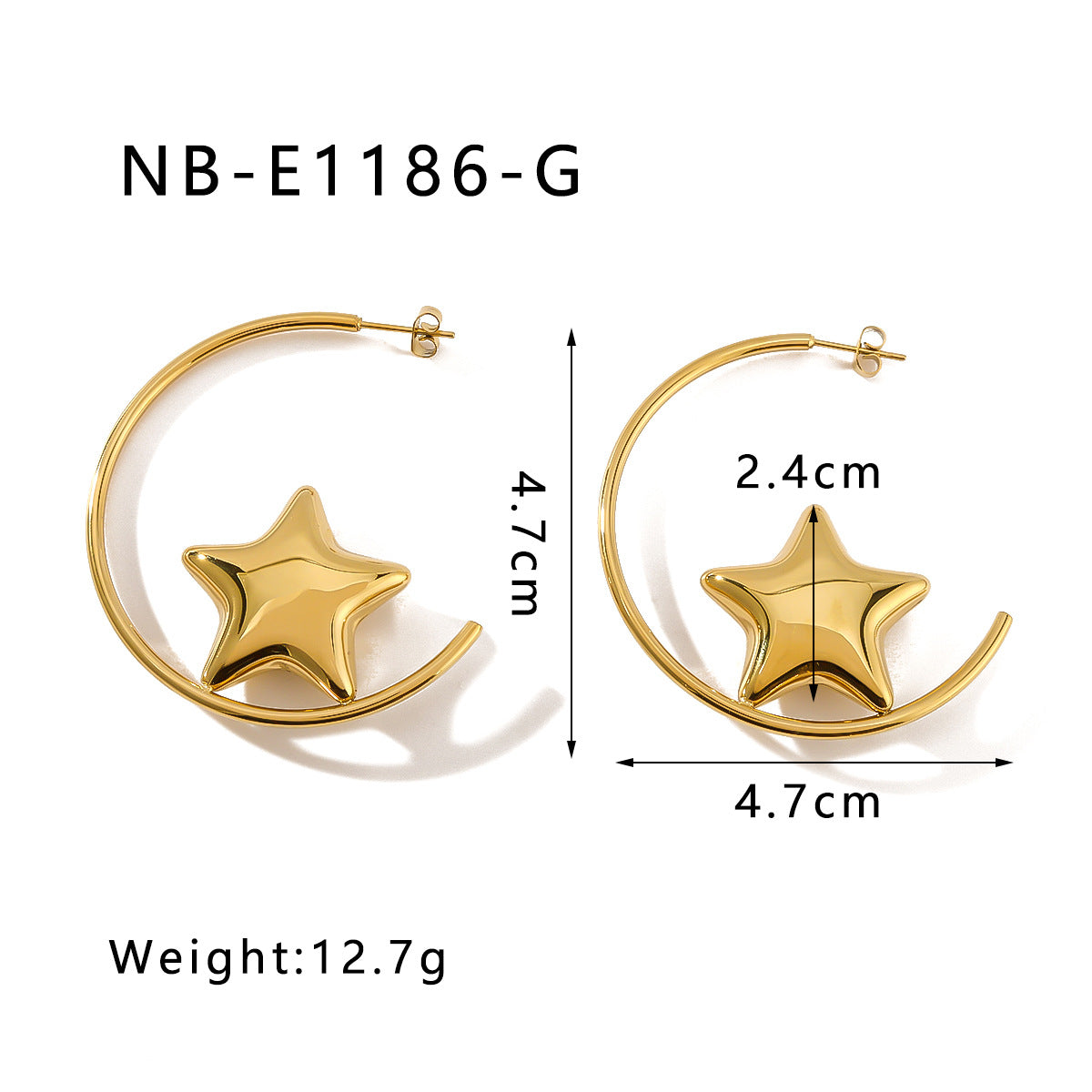 Orecchini minimalistici a C in acciaio inossidabile con stella cava placcati in oro 18K da donna