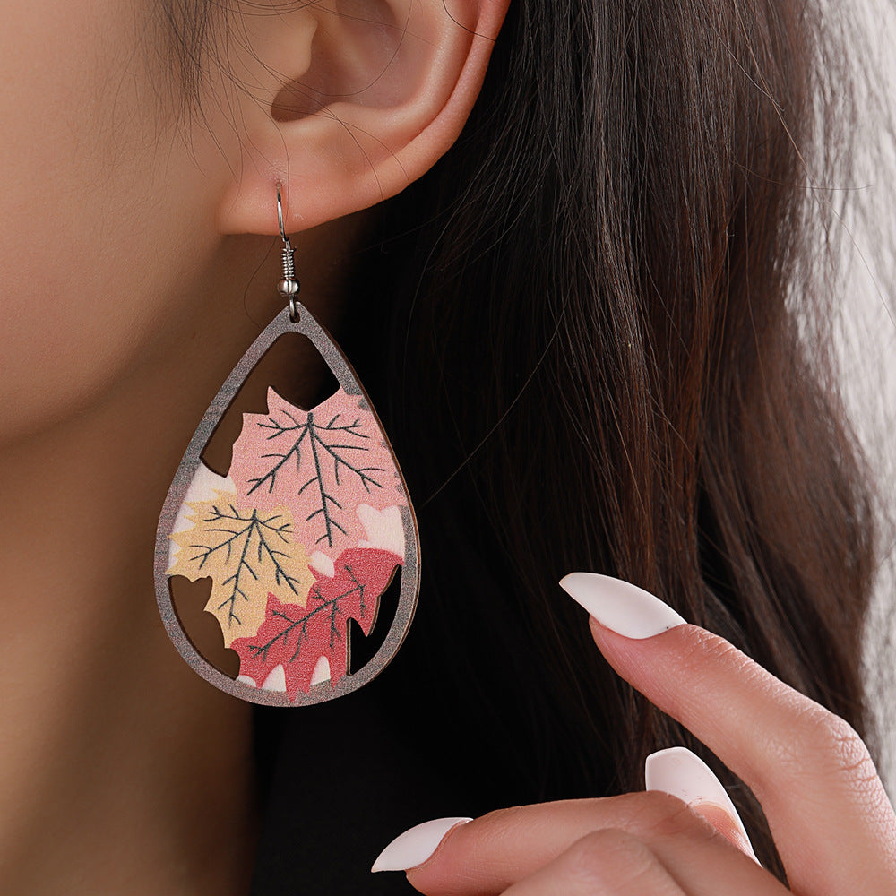 Hollow Maple Leaf Teardrop Wood Plated Earrings