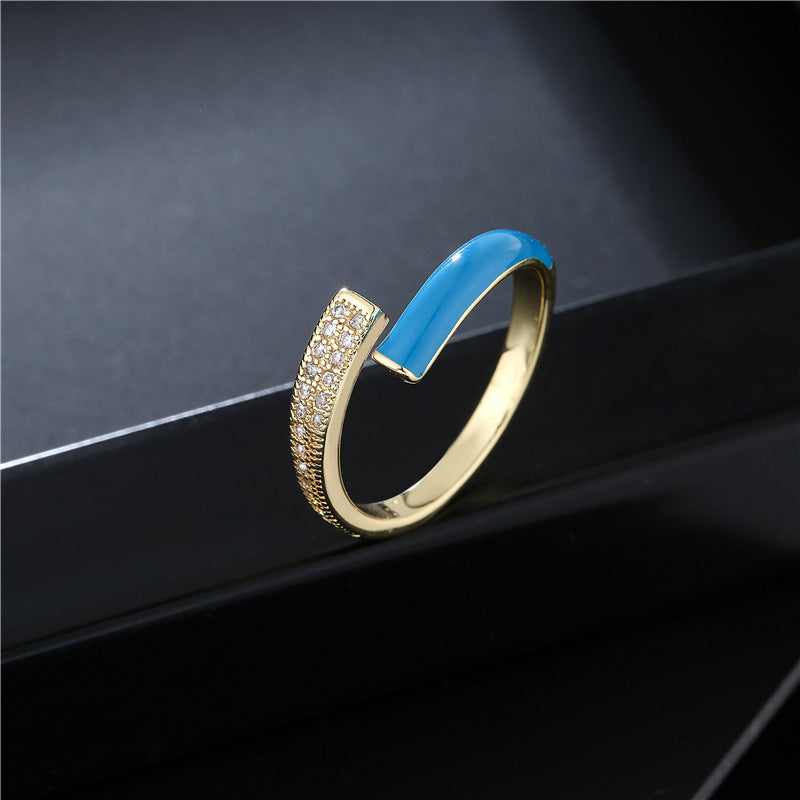 Geometric Gold Plated Brass Drip Oil Cubic Zirconia Inlay Ring for Women