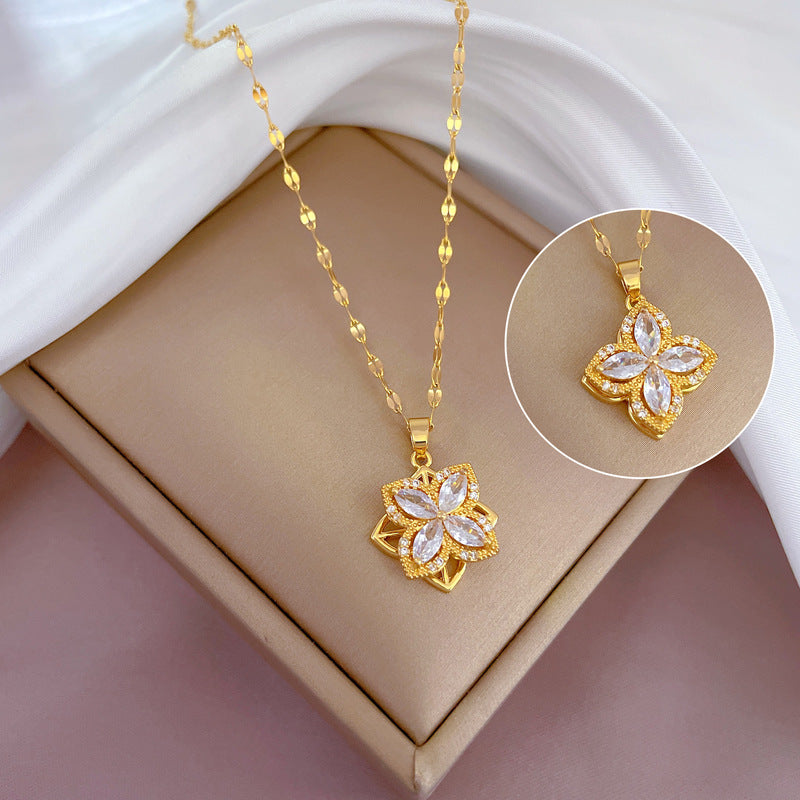 Rotating Floral Rhinestone Pendant Necklace Titanium Steel Geometric Luxury Sweet Necklace