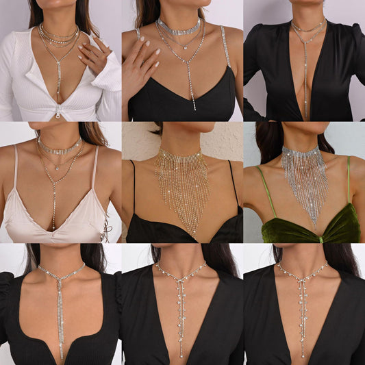 Collana a catena geometrica dolce e audace con frange di strass da donna, collana con ciondolo di lusso in lega placcata