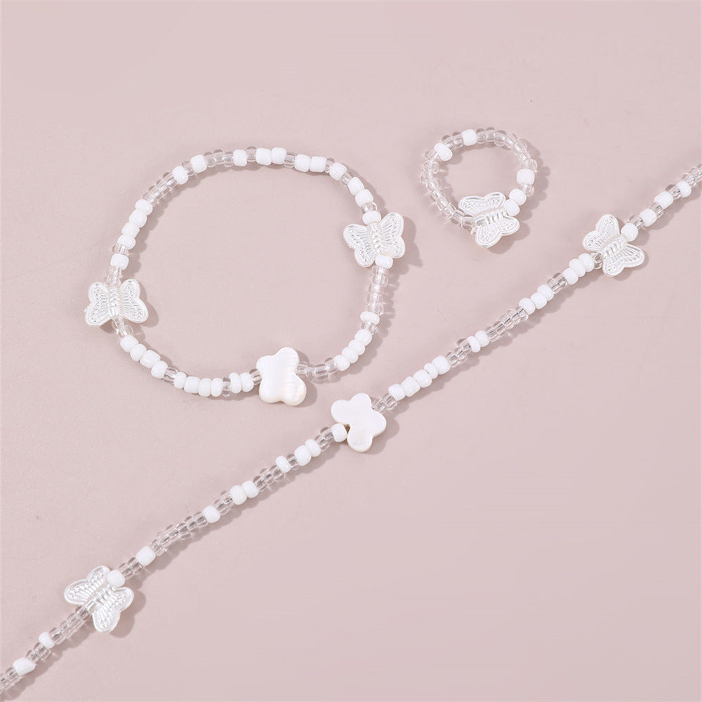 Cute Butterfly Pendant Necklace Set with Glass Beads for Kids, Handmade Round Bead Chain, Minimalist Summer Jewelry for Girls Aged 3-10