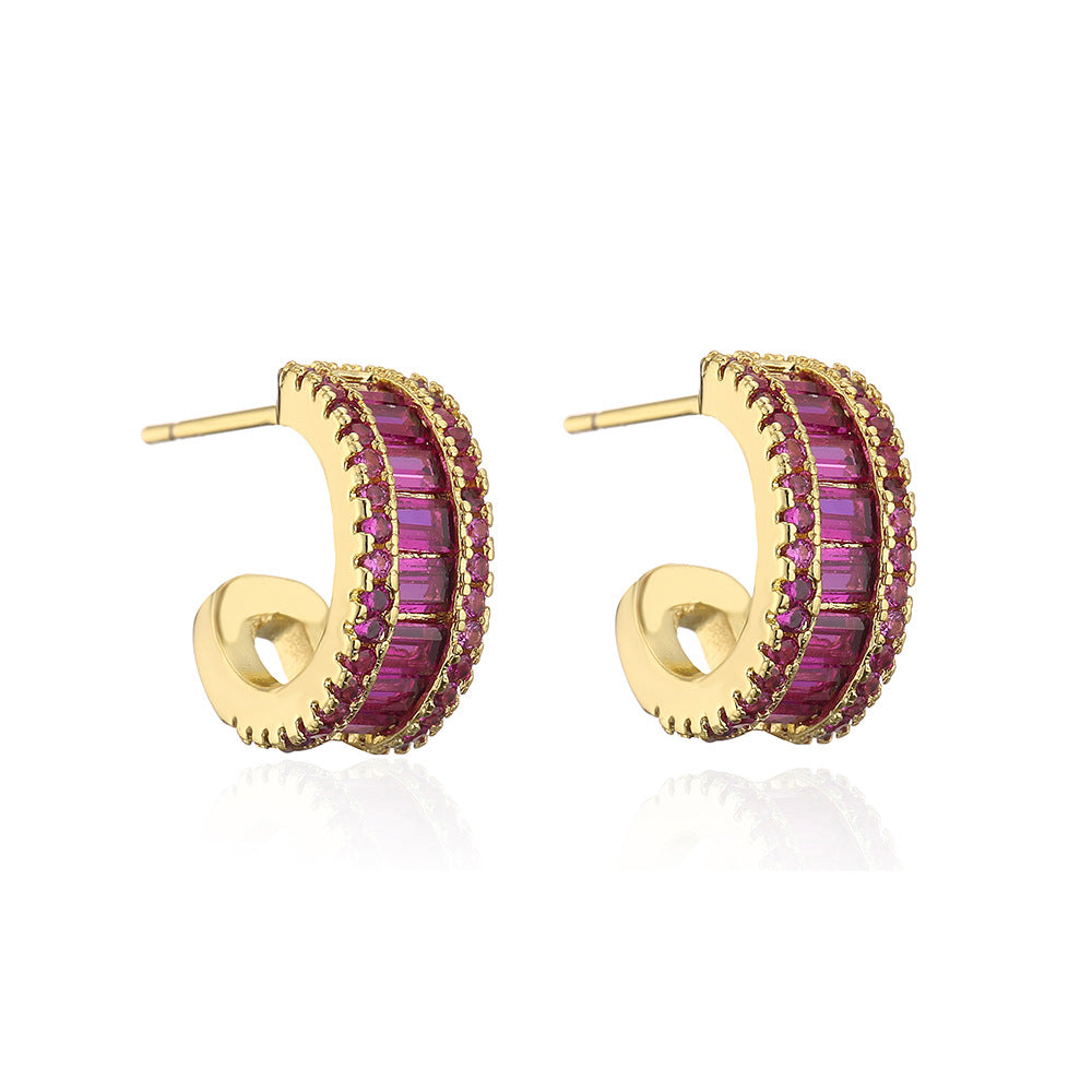 Orecchini da donna geometrici minimalisti a semicerchio a C in ottone con placcatura in oro 18 carati e zirconi micro-pavé