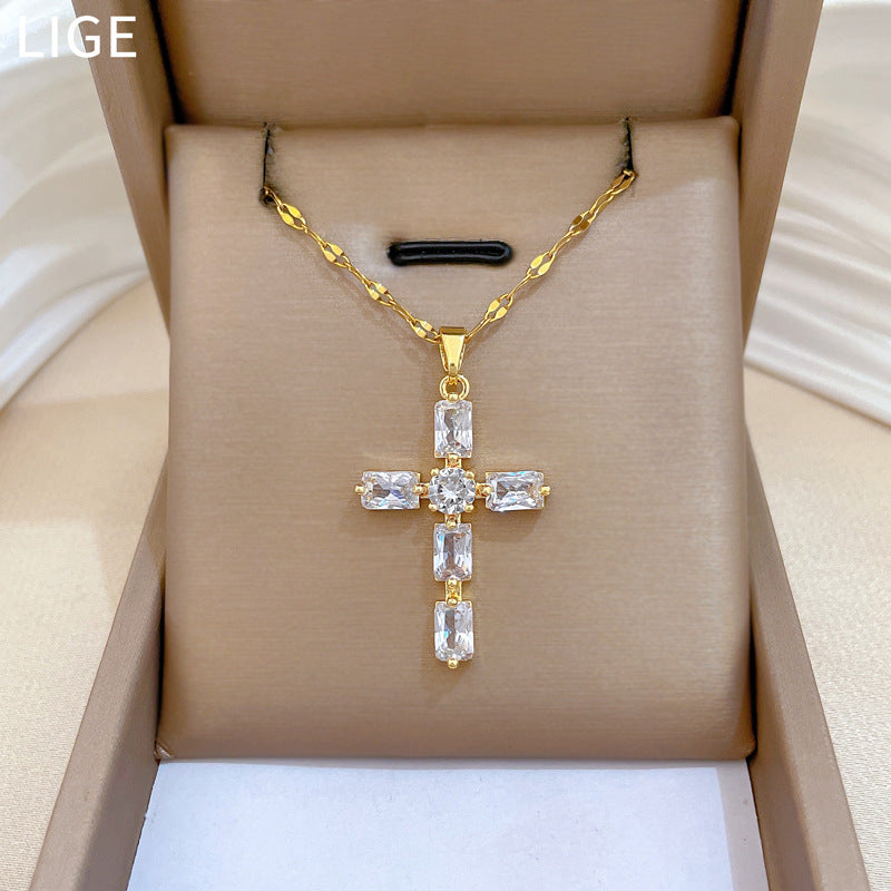 Sweet Minimalist Cross Geometric Rhinestone Titanium Steel Necklace for Unisex