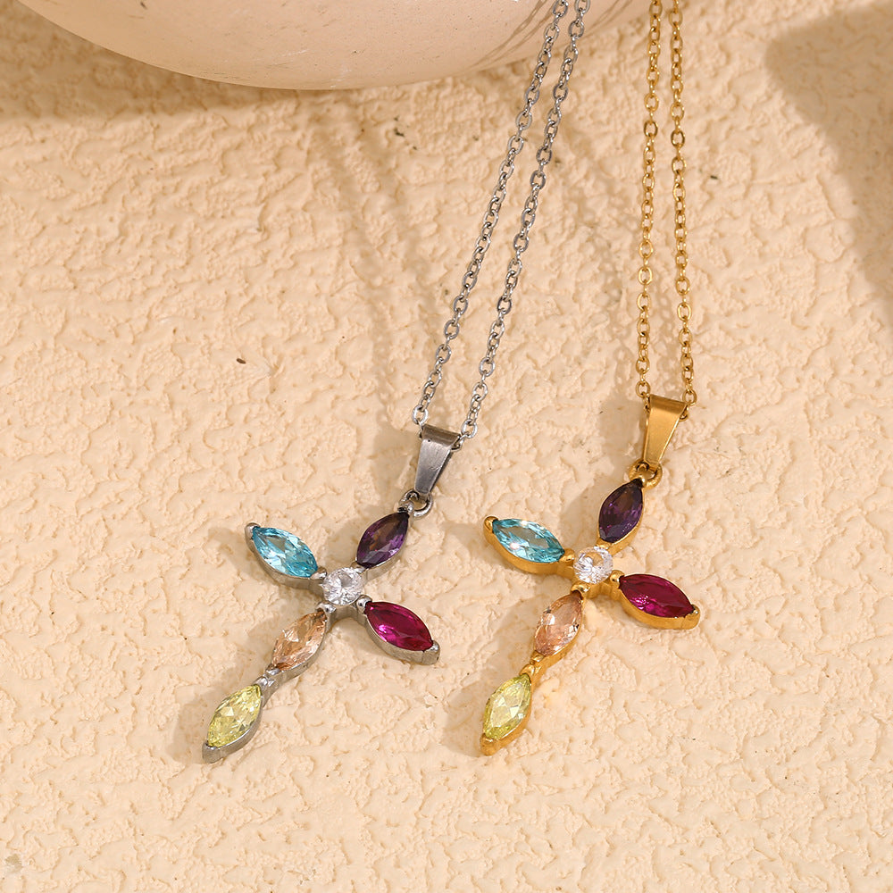 Elegant Business 18K Gold Plated Cross Cubic Zirconia Necklace Stainless Steel Titanium Steel Pendant Cable Chain for Women