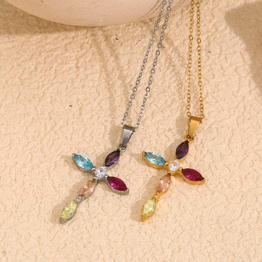 Elegant Business 18K Gold Plated Cross Cubic Zirconia Necklace Stainless Steel Titanium Steel Pendant Cable Chain for Women