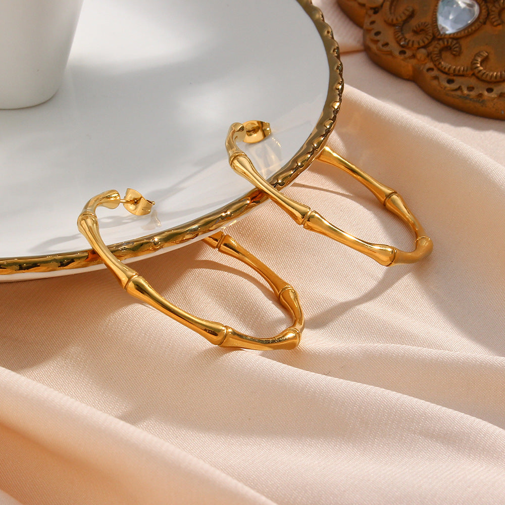 Fashion OL Geometric Bamboo Segment Open Hoop Earrings 18K Gold Plated Stainless Steel for Women