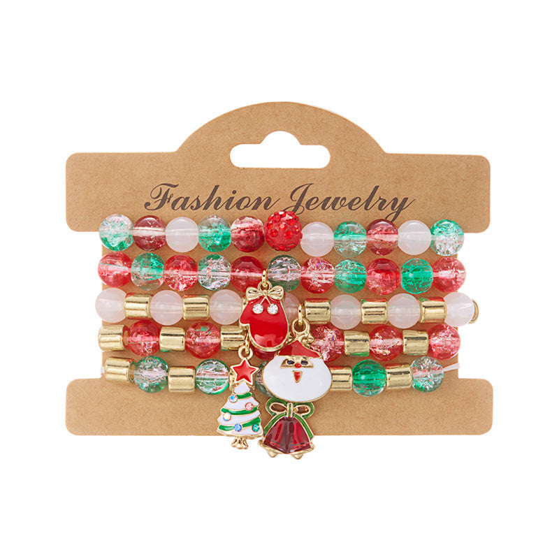 Bracciale Elastico Natalizio alla Moda con Perline in Lega e Ciondoli a Forma di Fiocco di Neve, Renna e Babbo Natale per Donna