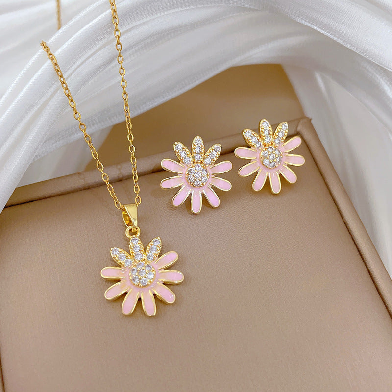 Sweet Minimalist Drip Oil Sunflower Moon Rhinestone Titanium Steel Necklace Set for Unisex