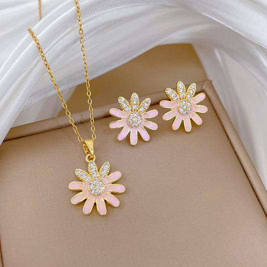 Sweet Minimalist Drip Oil Sunflower Moon Rhinestone Titanium Steel Necklace Set for Unisex