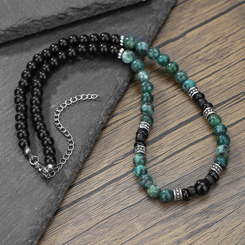 Punk Geometric Round Turquoise Beaded Necklace Stainless Steel Ball Chain Unisex