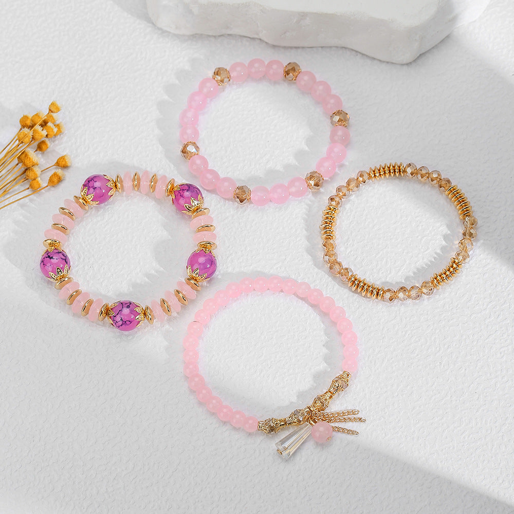 Bohemian Ethnic Geometric Round Glass Agate Crystal Tassel Multi-layer Bracelet