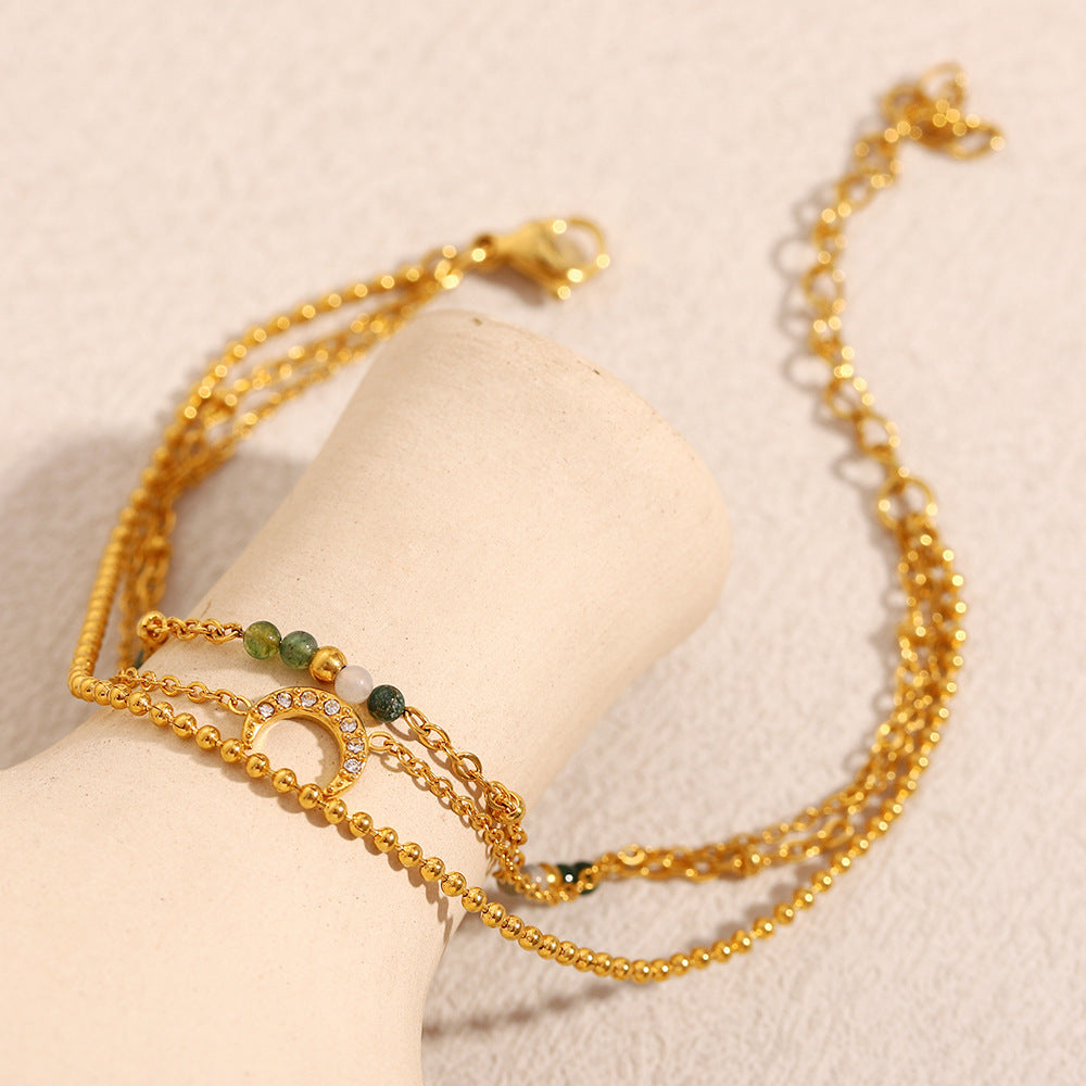 Fashionable OL Style Geometric Moon-Shaped Stainless Steel Plated 18K Gold Three-Layer Bracelet for Women