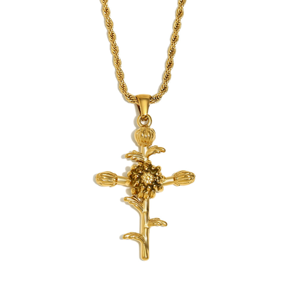 Vintage French-Style Floral Pendant Necklace in Stainless Steel with 18K Gold Plating for Women