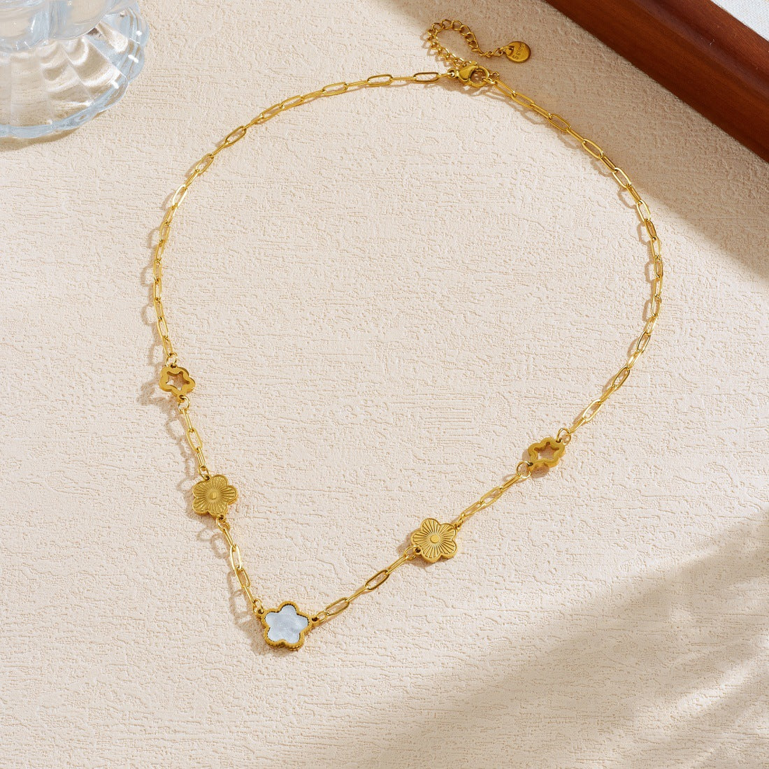 Vintage Gold Plated Hollow Floral Stainless Steel Curb Chain Necklace