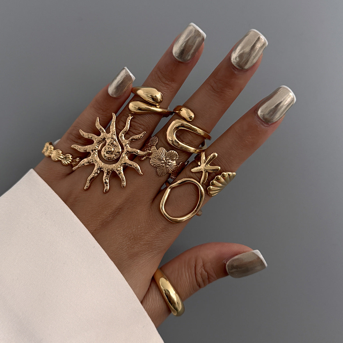 Sweet Plated Zinc Alloy Starfish and Shell Open Ring Set for Women