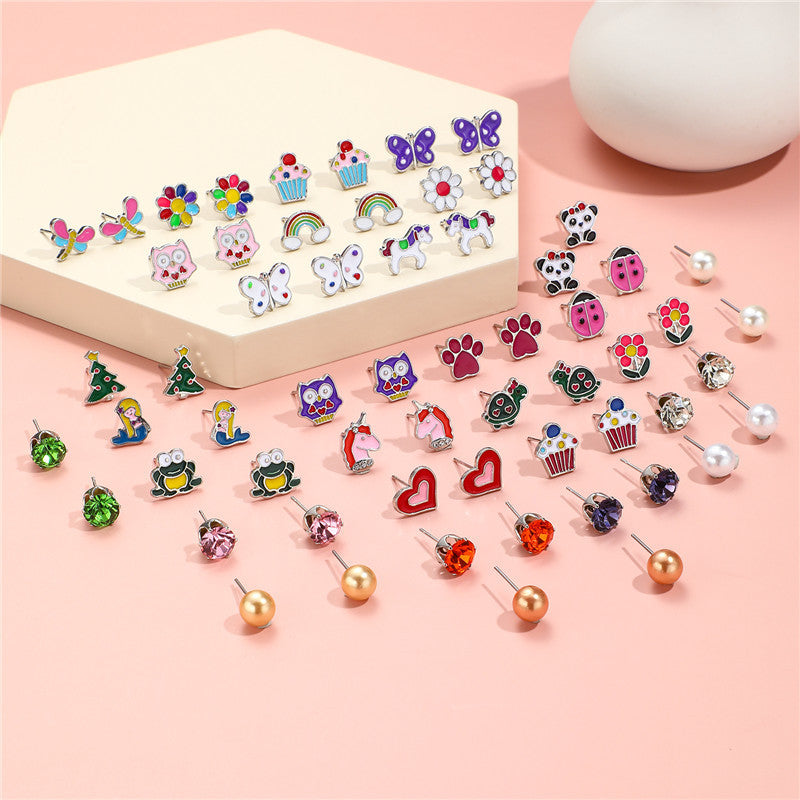 Cartoon Animal Stud Earrings Set for Kids Alloy Jewelry with Enamel Finish Rainbow Color Design