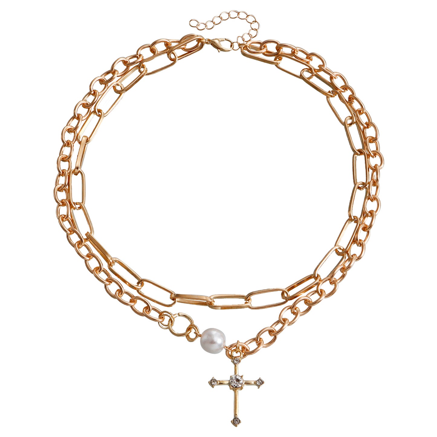 Minimalist Double-Layer Cross Pendant Necklace for Women with Rhinestone Inlay and Gold-Plated Alloy