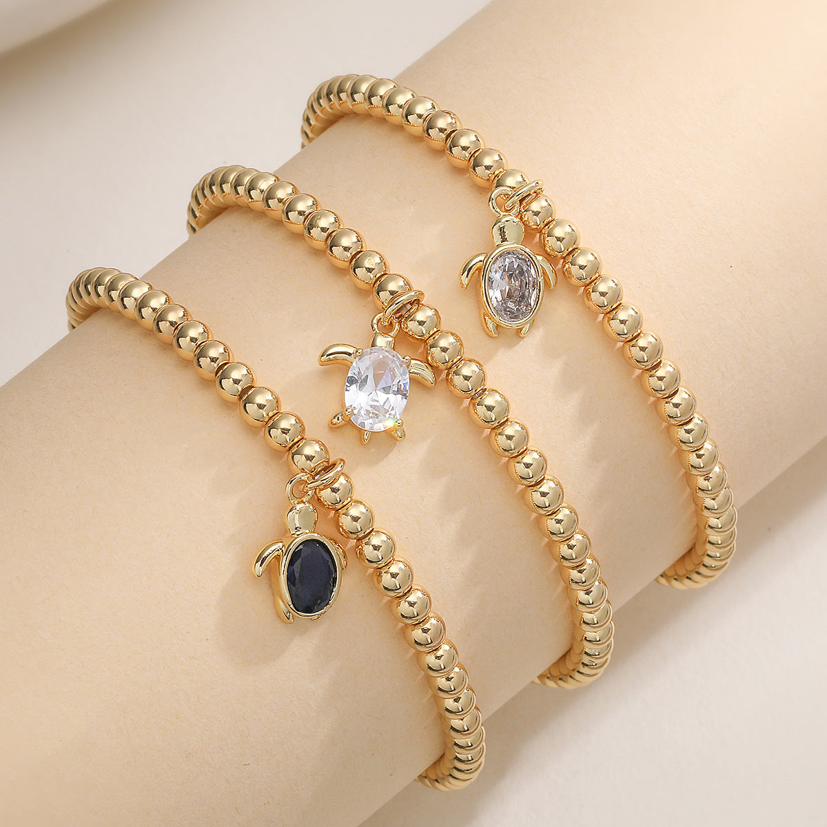 Minimalist Sweet Geometric Brass Gold Plated Cubic Zirconia Turtle Pendant Bracelet for Women