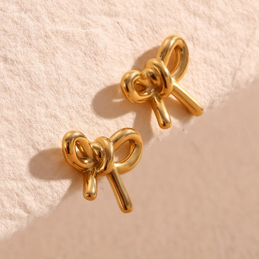 Minimalist Vintage Bow-Shaped Stainless Steel Earrings with 18K Gold Plating for Women