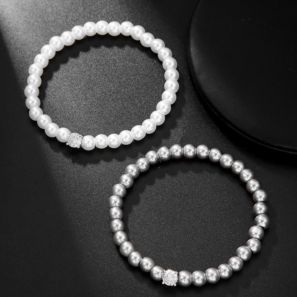Vintage French Geometric Pearl-Style Bracelet with Zircon Accents Handmade for Women