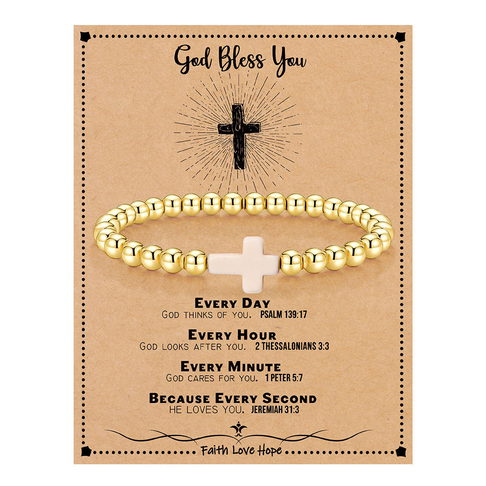 14K Gold Plated Hematite Bead Bracelet with Cross Pendant for Women
