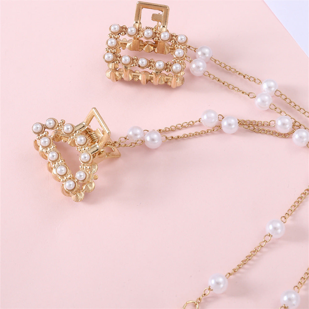 Sweet Elegant Asymmetrical Pearl Hair Clip with Tassel Metallic Hair Accessory for Girls