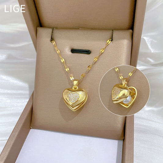 Collana con pendente di lusso a forma di cuore in strass in acciaio al titanio con catena a cuore geometrico per uomo e donna