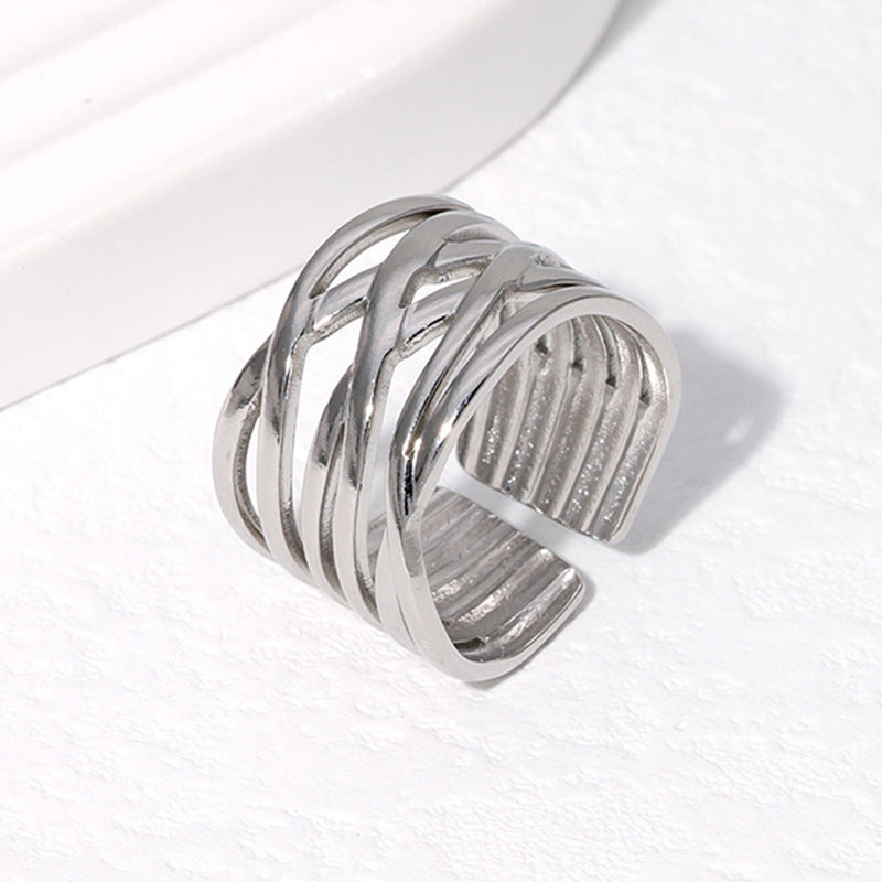Anello Largo Aperto da Donna Minimalista Geometrico a Linee in Acciaio al Titanio con Design Cavo e Finitura Placcata