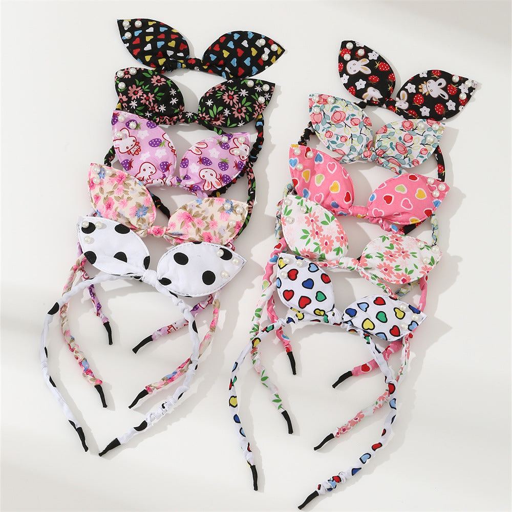 Bonito conjunto de diademas en forma de lazo para niñas con banda de tela y adornos de perlas, patrón floral estilo princesa