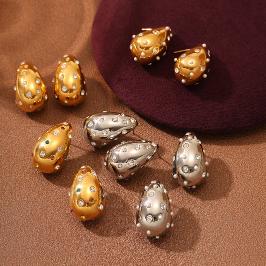 Fashionable Water-Drop-Shaped Titanium Steel Earrings with Pearl Accents and 18K Gold Plating for Women