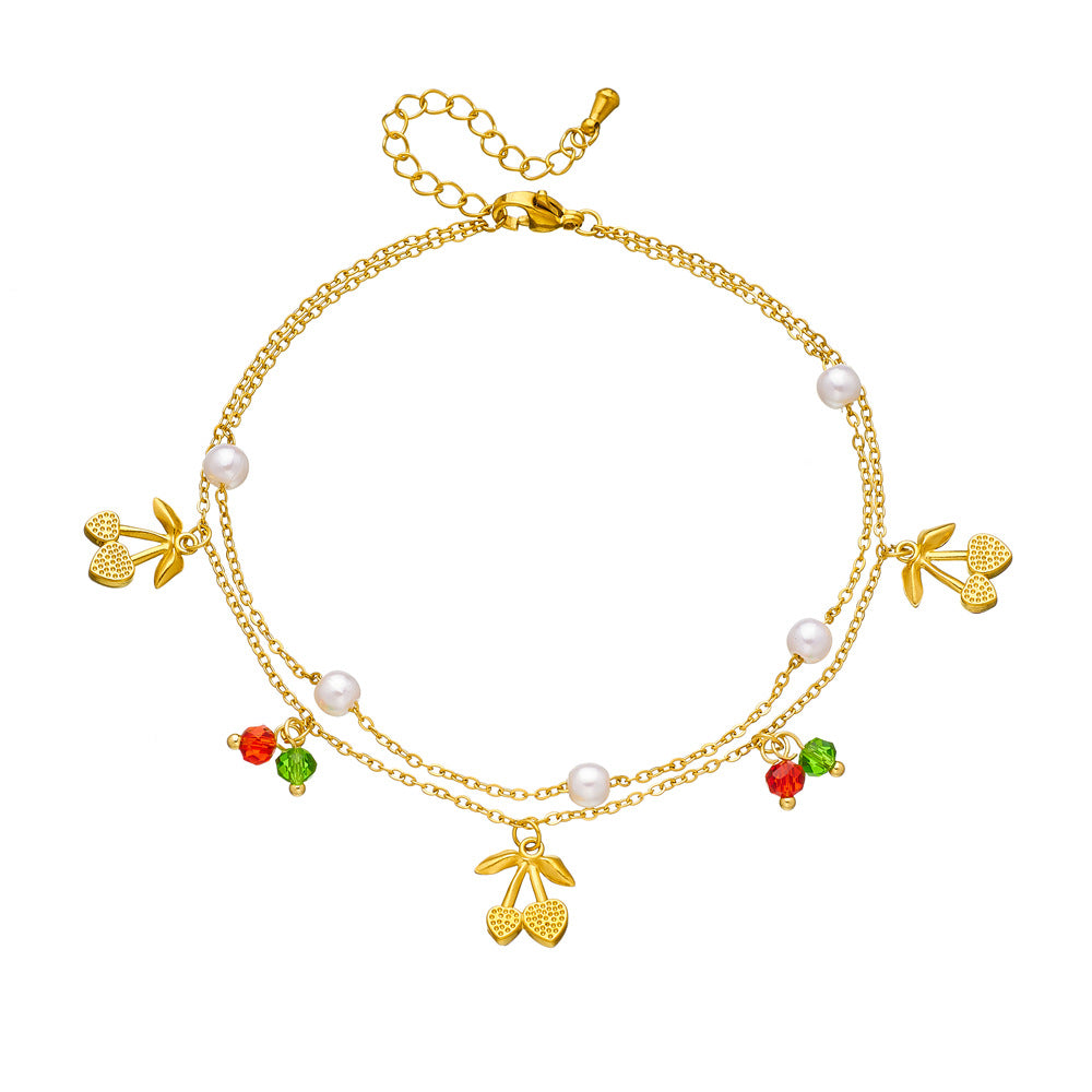 Sweet Stainless Steel Cherry Pendant Double Layer Anklet for Women