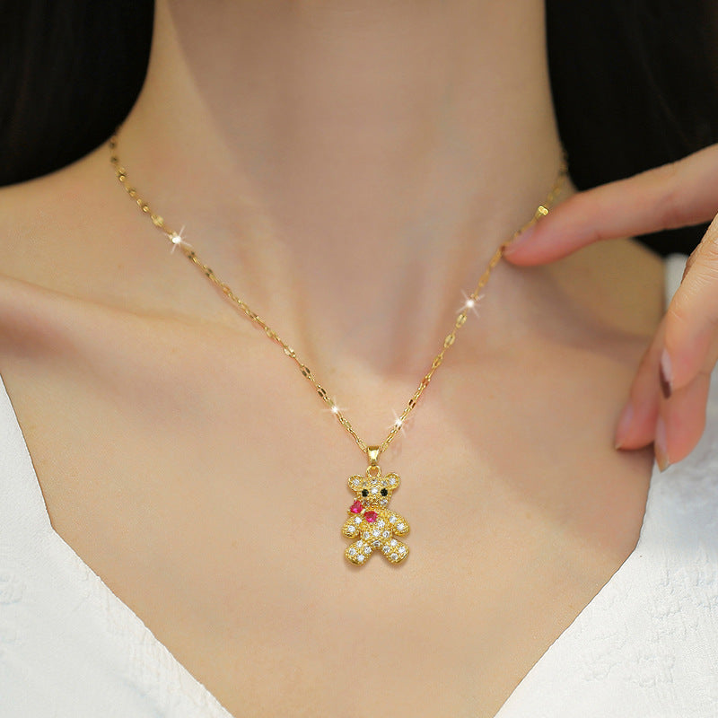 Minimalist Bow-Knot Bear Pendant Necklace for Women with Rhinestone Inlay on Titanium Steel Chain