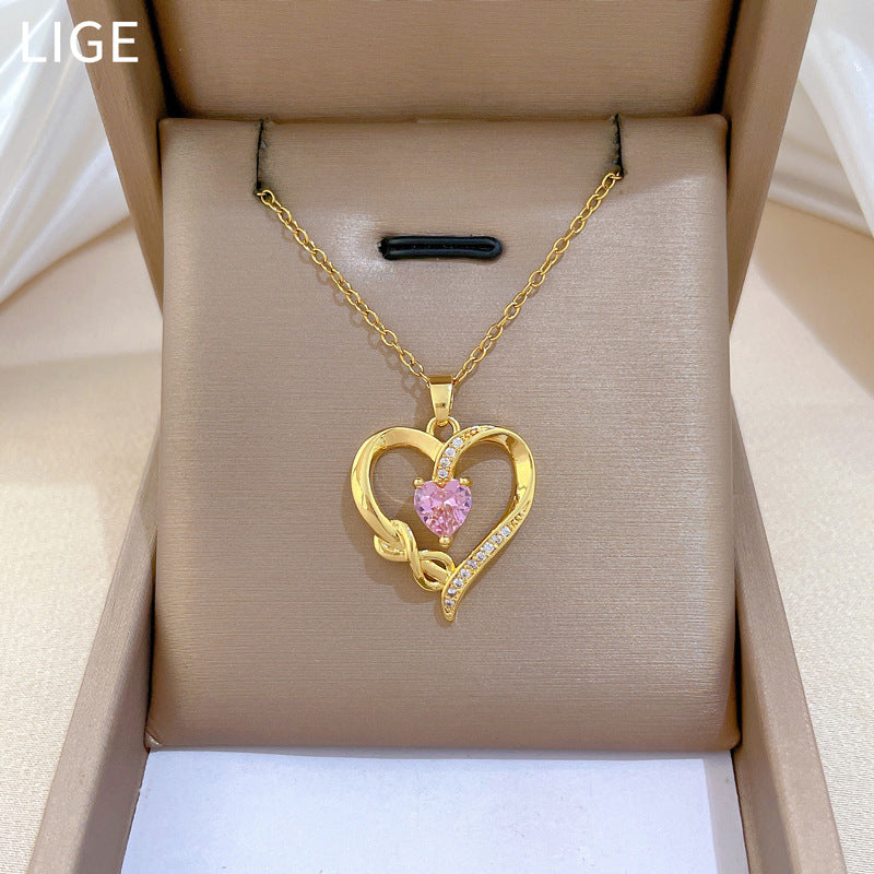 Sweet Minimalist Heart Geometric Rhinestone Pendant Titanium Steel Necklace for Unisex