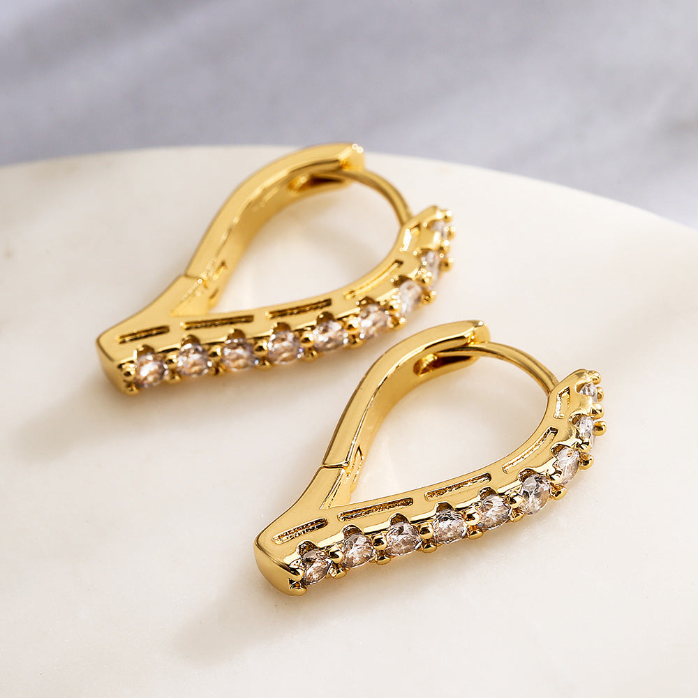 Orecchini geometrici irregolari minimalisti da donna in rame placcato oro 18 carati e intarsio in zircone