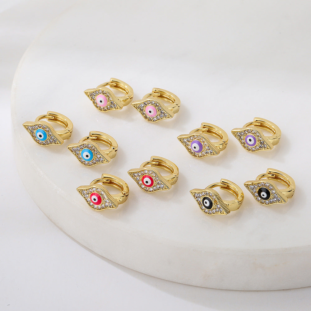 Orecchini a Cerchio da Donna con Occhio di Allah Geometrico Minimalista in Rame con Placcatura in Oro 18K e Intarsio in Zirconia Smaltata