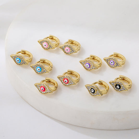 Minimalist Geometric Evil Eye Hoop Earrings for Women in Copper with 18K Gold Plating and Enamel Zirconia Inlay