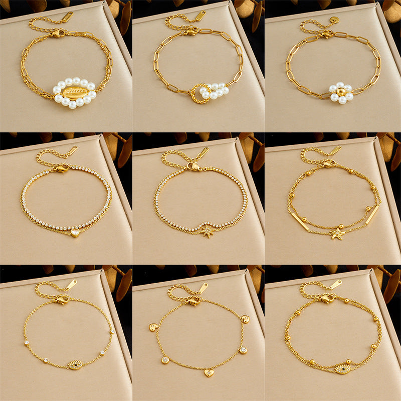 Sweet Minimalist Floral Star Heart Stainless Steel Plated Pearl Rhinestone Double Layer Bracelet for Women