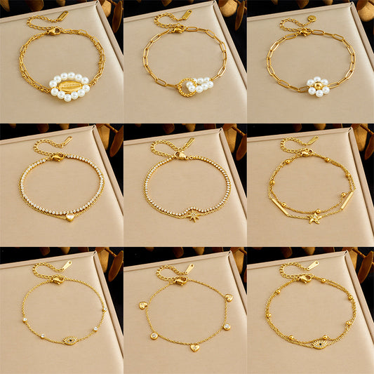 Sweet Minimalist Floral Star Heart Stainless Steel Plated Pearl Rhinestone Double Layer Bracelet for Women