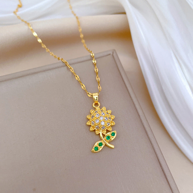 Luxury Titanium Steel Leaf Sunflower Rhinestone Collar Chain Necklace for Unisex